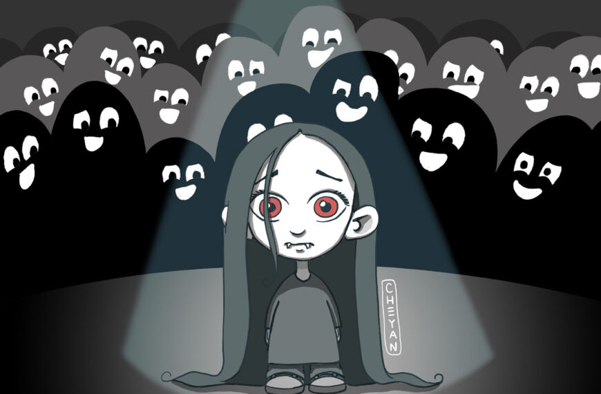Harcèlement scolaire : Dessin - Illustration de Zabeth qui est seule sous un projecteur, devant les harceleurs de l'école qui se moquent d'elle