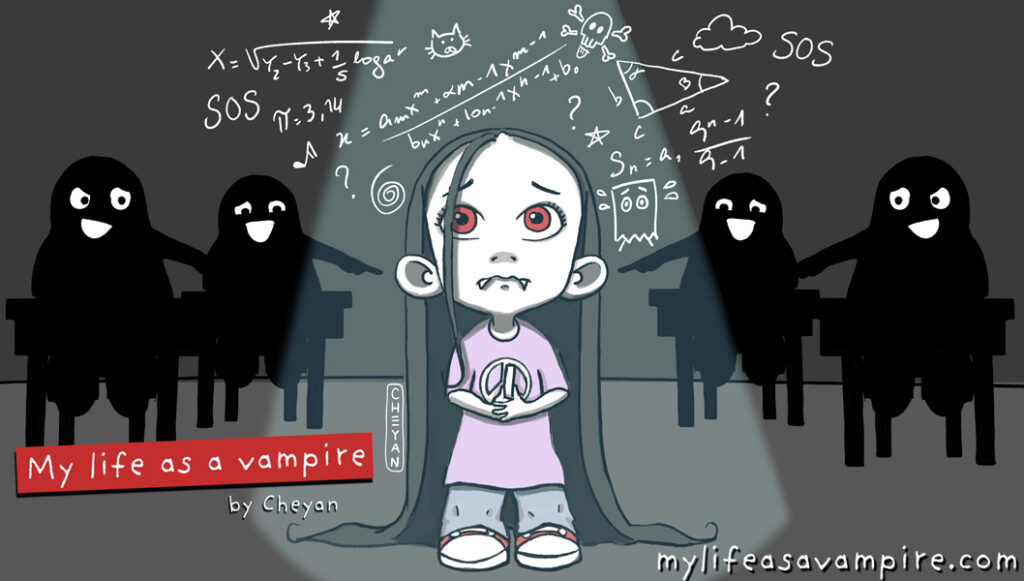 Zabeth the Vampire is at the board at school facing a math problem. She is so stressed to be there that she loses confidence and can't find the solution. The other students behind her are laughing at her.