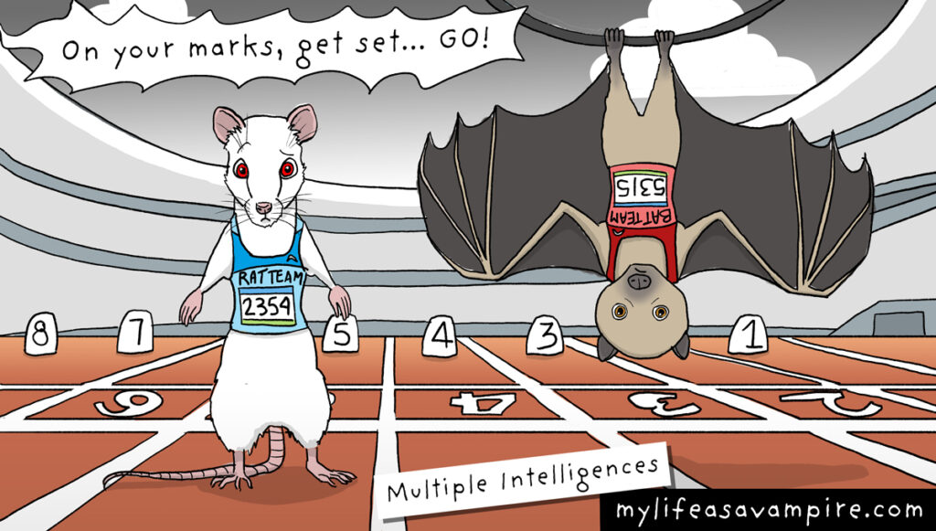 To illustrate the theory of multiple intelligences, a rat and a bat are dressed as runners and waiting to compete against each other.