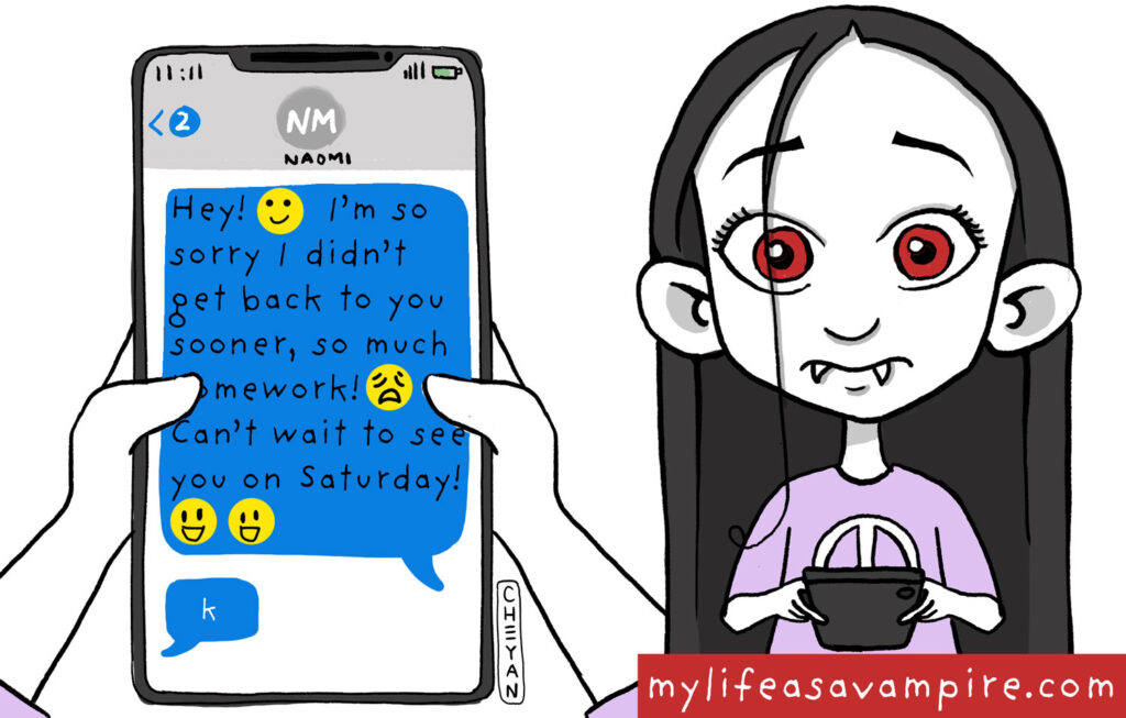 Zabeth texts a friend and receives a very short answer. She wonders how to handle it and her hypersensitivity causes her to panic a bit